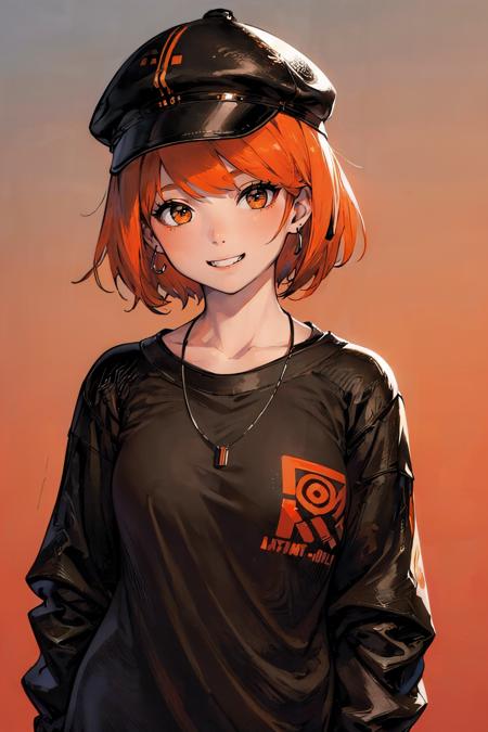 ((masterpiece)), ((best quality)), ((8k wallpaper)), ((high detailed)), simple_background, orange_background, 1girl, black_hair, orange_eyes, cute, portrait, upper body, grin, orange_jacket, black_shirt, black_cap, earrings, necklace, short_hair,