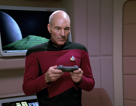 Star Trek TNG TV still Picard Riker Troi Crusher Data Worf on the Enterprise control panel Borg Klingon Romulan wearing a red Starfleet uniform wearing Klingon armor wearing a Romulan uniform