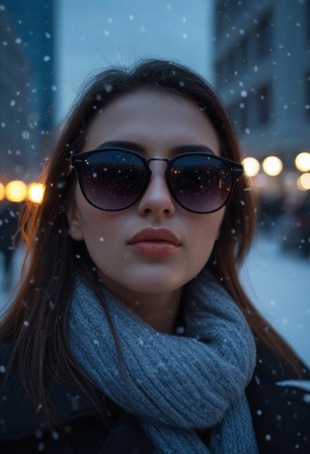 closeup of a beautiful woman wearing sunglasses outside, busy city, sunrise, juxtaposition, cloudy night snowing