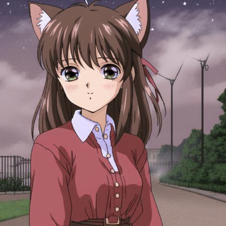 <lora:Furiava_Haakdith:1>,  a walkway with a light on a foggy night in the park with a bench and lampposts, 1girl, alternate tail, animal ears, blush, brown eyes, brown hair, cat ears, cat tail, cowboy shot, dress, eyebrows visible through hair, green headwear, hair between eyes, hat, highres, holding tail, long sleeves, looking at viewer, medium hair, mob cap, red dress, shirt, solo, tail, ttrta0201, white background, white shirt