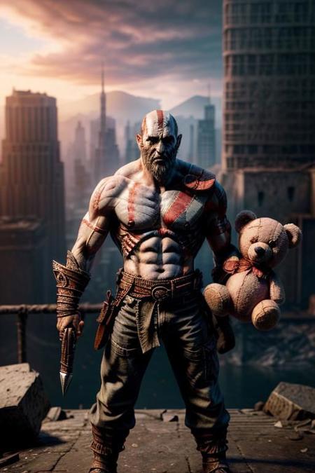 god of war, standing, hugging a pink teddy bear, against the backdrop of the (ruined city:1.1)
unreal engine
style of Artgerm
finely detail, ultra-detailed, highres