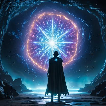 <lora:2020s_Sci-Fi_MovieSDXL:1> ArsMovieStill, Movie still from a 2020s Sci-Fi movie, The image shows a human male wearing armor and a (((cosmic cape shimmering of a thousand galaxies))) on his back, standing in front of a large tree in a cave surrounded by rocks and illuminated by lights. The tree is a representation of the concept art of the movie, the tree of life, solo, tree, 1boy, scenery, standing, short hair, water, silhouette, from behind, reflection