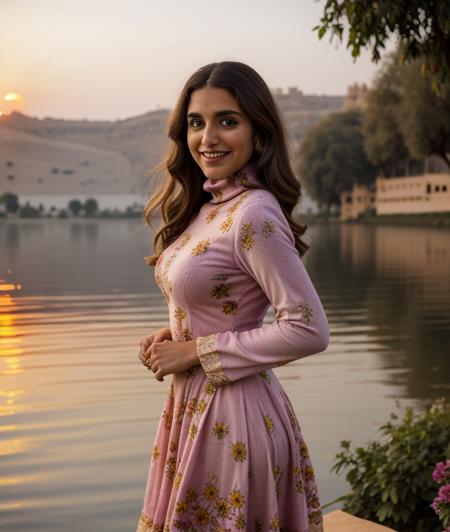 p3p3v2 , smile, nature, breast, Colorful flowers, Sunset, soft light, intricate, Udaipur Rajasthan lake, Turtleneck, dress without neckline, ((close portrait))