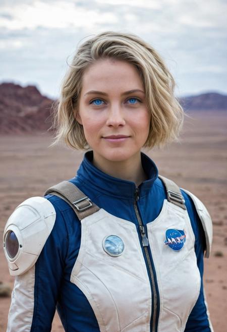 A high-resolution portrait of a pretty young woman wearing a futuristic astronaut suit. She has short blonde hair with blue highlights and striking blue eyes. The setting is a barren, desolate planet with rocky terrain and a dusty, reddish sky. The woman stands with confidence, looking directly at the viewer, while the vast, empty landscape stretches out behind her, emphasizing the isolation and mystery of the alien world. Smiling.