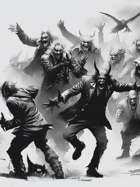 <lyco:StephenGammell:1.0> a group of devils taunt a miserable homeless man drawn by Stephen Gammell