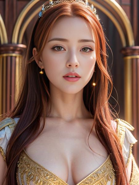 ((a photo of Para02 person:1)),,
A beautiful 24 years old beautiful ,woman,1girl,alone,solo,1person:1.9,1face:1,
(masterpiece:1.2),(realistic, photo-realistic:1.56),sharp,
(intricate details:1.3),(sparkling eyes:1.3),(sparkling lips:1.3),( large breasts:1.1),
(high detailed skin),\(ultra-realistic  skin\),8K skin,radiant soft skin,
extremely detailed,depth of field,physically-based rendering,
perfect hands,detailed hands and fingers:1,(best ratio four fingers and one thumb),
extremely detailed,depth of field,physically-based rendering,high detail,real-world lighting,
perfect hands,natural light,dynamic lighting,
perfect makeup,long eyelashes,eyeliner,blush,perfect nose,long hair,small breasts, (((red hair))), blonde hair, yellow hair,
expressive eyes, expressive face,,
SDXL,\(breast size 32\),\(waist size 26\),\(hip size 27),gray eyes,
(((in a castel))), ,((royal gown dress)), (((medieval times))), (((SFW))),
,perfect body:1, <lora:PARA02-000002:1>
A beautiful 24 years old beautiful