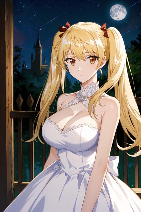 best quality,masterpiece,looking at viewer,huge filesize,(upper body:1.1),
depth of field,<lora:103423215:0.5>,1girl,breasts,1girl,wedding dress,Forest Castle,Castle Gate,The Middle Ages,A girl in a wedding dress standing at the castle gate,Night,starry sky,Moon,<lora:002-æ ¡å­æ¨¡ç³å¤§ç-æ³½è¿ç±çV2:0.7> ,sawachika eri,blonde hair,twintails,orange eyes,long hair,