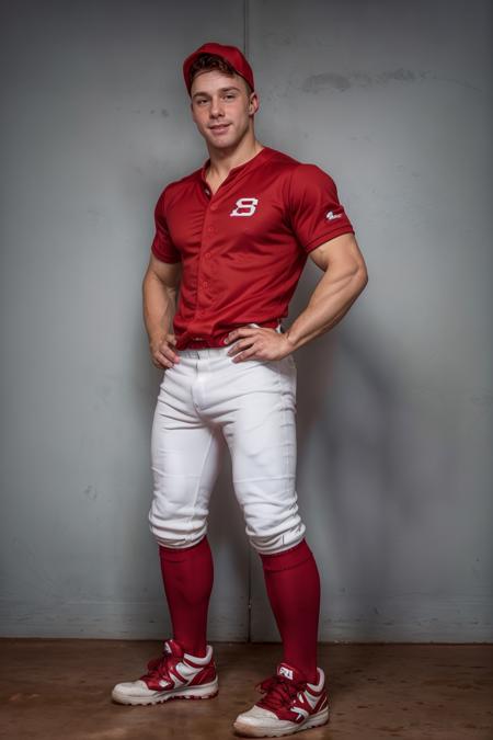 standing on a baseball field, DustinKane is a baseballplayer, slight smile, baseball uniform, (red cap), red jersey, white pants, (red socks), long socks, (black sneakers), looking at viewer, masterpiece, ((full body portrait))   <lora:Clothing - Sexy Baseball Player:0.6> <lora:DustinKane:0.8>