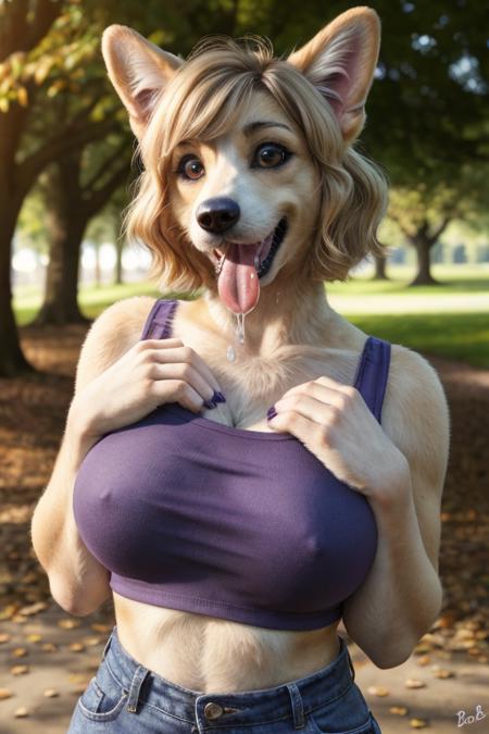 bust shot, London park setting, warm lighting, (solo:1.3),
BREAK, staring into the camera, 20 years old, anthro dog corgi female with tan and white fur, muscular, lean build, fluffy tail, brown eyes, (short blonde hair, bob cut hairstyle), dog snout, canine teeth, fangs, (extremely long canine tongue, drooling, drool flowing from tongue), (fluffy fur, thick fur, detailed fur texture), (wearing a purple crop top, wearing blue jeans), large breasts, claws, hand paws, pink paw pads