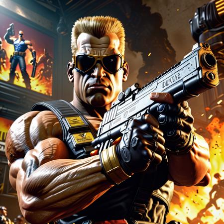 hyper realistic photograph of (Duke Nukem of videogames:1.4), (action photo) (luminar , cluttered , masterful:1.4), medium full shot, poster art, bold lines, hyper detailed, expressive,  award winning,  dark limited color palette, high contrast, depth of field, (intricate details, masterpiece, best quality:1.4), back lighting, looking at viewer, dynamic pose, wide angle view