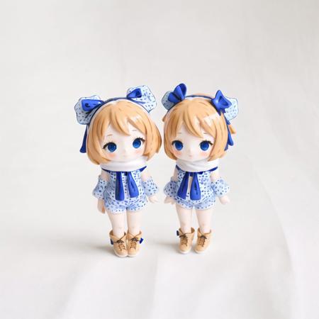 <lora:vallavica_animals:1.2>, vallavica_animals, porcelain animal, ceramic figurine, chibi, cute,  brother and sister, detached sleeves, hair ribbon, highres, night, ribbon, scarf, short hair, shorts, siblings, snow, twins