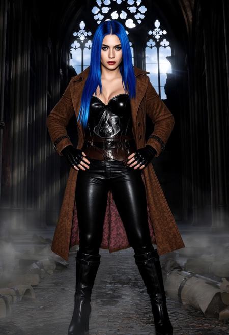 A fierce straight blue hair female assassin set in an alternate World War I universe. She’s clad in a glossy black latex corset emblazoned on it the assassins symbol and brown intricate trench coat, paired with tigh high-heeled bucklered platform boots, black leather long gloves and brown leather belt with the assassins symbol on it. She stands in seductive pose and hands to the waist in the ruined remains of a bombed cathedral, moonlight casting long shadows through shattered stained-glass windows. Fog swirls at her feet as she gazes confidently. The scene is illuminated with dramatic, cinematic lighting, with a dark noir and gothic atmosphere, emphasizing latex textures and dramatic shadows.