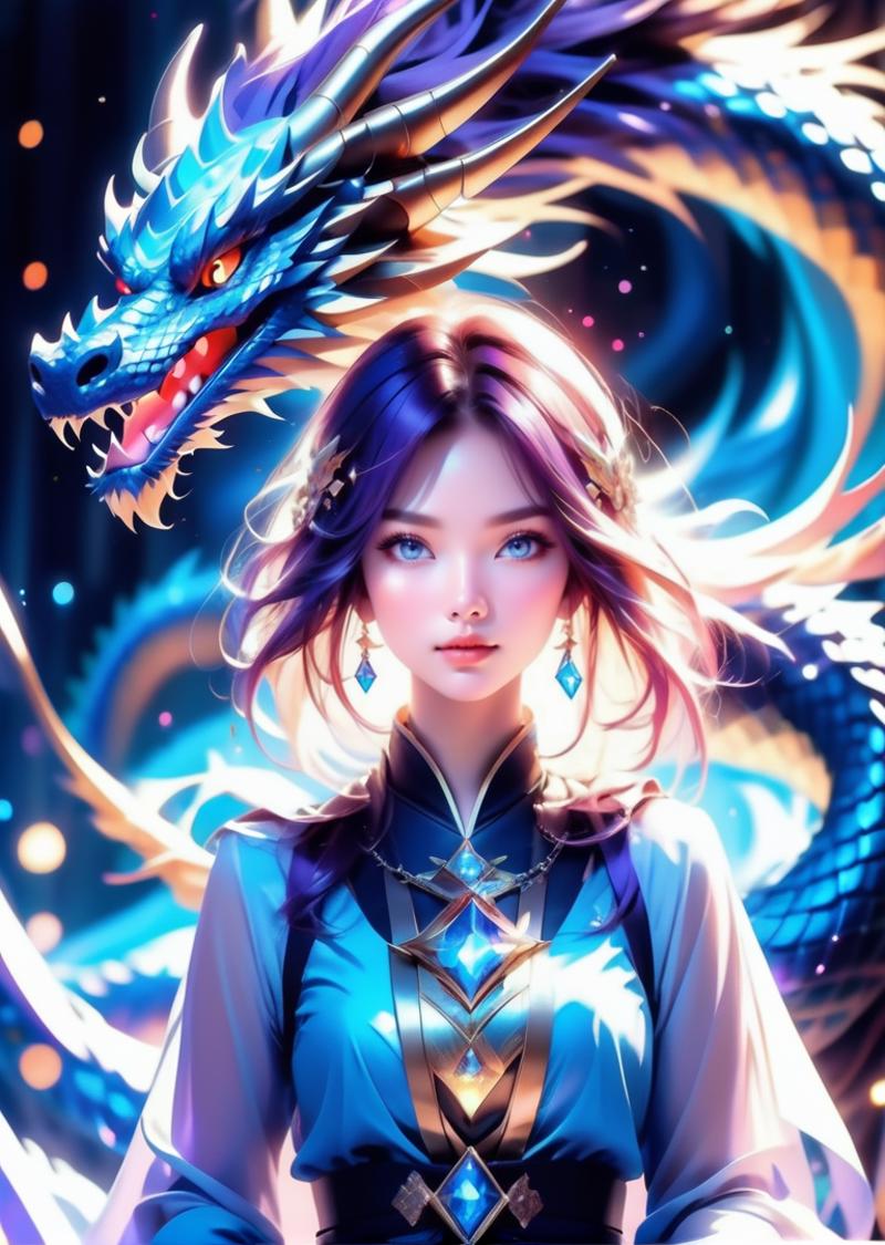 A young woman wearing blue and gold, with a dragon in the background.
