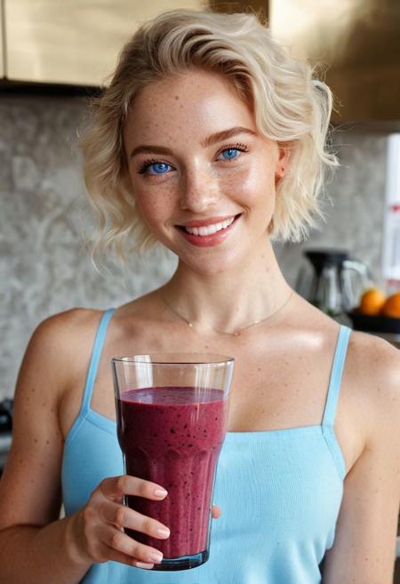 drinking smoothie, red smoothie, beet smoothie, strawberrie smoothie, healthy smoothie, smoothie in glass, perfect fruits, perfect glass, perfect fingers, Drinking smoothie, wide-angle view, ((full-figure visible:2.0)), entire body in frame, kitchen overview, ((spacious composition:1.5)), head to toe in shot, standing in kitchen, kitchen advertisement, full body, lips touching glass, glass in front of mouth, (open mouth:1.2), DRINKING, (SMOOTHIE:2.0),  gym clothing, sports clothes, white top, white sporttop, athletic clothing, happy, smiling, laughing, beautiful girl, short light blonde wavy hair, above shoulder length blond curly hair, bob cut, blue eyes, blue eyes:1.1, perfect eyes, extremely detailed eyes, extremely detailed face, textured skin, photorealistic, hyperdetailed:1.2, insane details, natural look, cute face, stunningly beautiful, pale skin, freckles, blush, detailed skin, extremely detailed, 1girl, shoulders, arms, breasts, hips, hands, perfect hands, perfect feet, perfect eyes, perfect nails, upper legs, legs, happy, open mouth, perfect teeth, in the kitchen, marble kitchen block, modern kitchen, 4K, RAW, best quality, masterpiece, ultra-detailed, hyperrealism:1.2, RAW photo, best quality, realistic, photo-realistic:1.3, best quality, masterpiece, extremely delicate and beautiful, extremely detailed natural lighting, bokeh:1.2, Porta 160 color, shot on ARRI ALEXA 65, Fujifilm XT-3, WARMER LIGHTING, sunny kitchen, warm sunlight, sun rays, inviting atmosphere