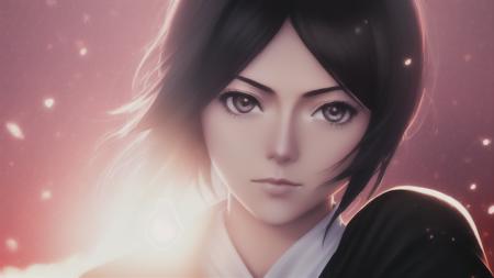 ((1girl)), rukia kuchiki from bleach,  warm light, particles, head shot