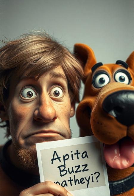 A hyper-detailed close-up portrait of Shaggy and Scooby-Doo, their faces side by side. Shaggy has messy brown hair, faint freckles, and a scruffy beard, looking slightly nervous. Scooby has wet, shiny nostrils, deep blue eyes, and droopy jowls, panting happily.  holding a cardboard withe text "Apita Buzz natheyi?"
DCIM, DSC, jpg , polaroid, fujifilm 400, faded