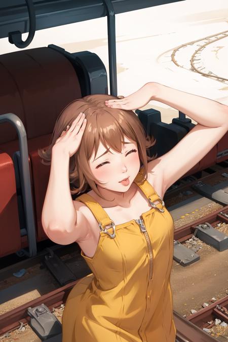 masterpiece, best quality, selphie, yellow dress, from above, ahetobleh, closed eyes, hands on own head, train tracks <lora:ahetobleh-nvwls-v2-000010:0.8> <lora:selphie-nvwls-v1-final:0.8>