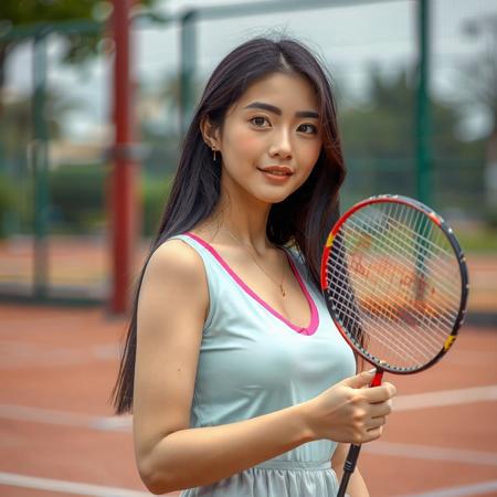 beautiful young woman, Standing pose, playground , badminton player dress, badminton racket, smooth skin, natural makeup, long dark hair, intimate eye contact, blush, soft body curve, realistic style, 4k