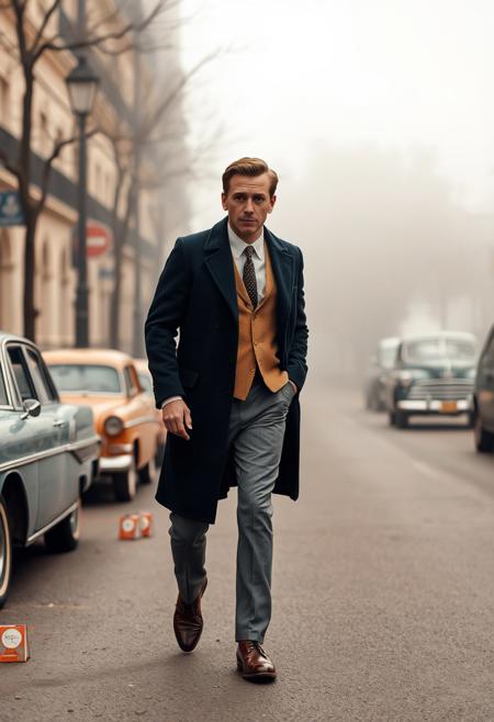 man walking, vintage style, navy overcoat, tan blazer, gray trousers, brown leather shoes, 1950s fashion, foggy street, autumn morning, classic cars, sepia tones, cinematic look, retro elegance, noir aesthetic, confident posture, cinematic symmetry, pastel color palette, vintage aesthetic, meticulous composition, quirky characters, playful and whimsical, stylized set design, retro fashion, deadpan expressions, nostalgic atmosphere, soft lighting, detailed interiors, eccentric and charming, narrative storytelling, visual harmony