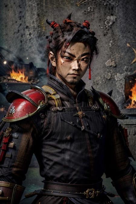 RetroAnime Style, 1man, male, solo, long hair, black hair,  topknot, loraeyes, (((colored skin, red skin red skin red skin, red eyes, black sclera))), evil smile, smirk, (((samurai armor))), flames, fire, Hell, demons, sinister, villain, monster, demon, retro artstyle, 1990s (style), , masterpiece, best quality , official art , <lora:RetroAnime:0.8>, sfw