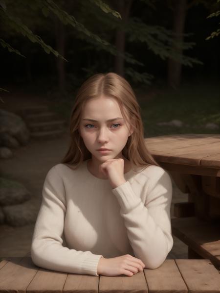 masterpiece, best quality, realistic, (extreme closeup, face focus, headshot:1.2), woman, Greta, solo, plain knit sweater, looking at viewer, sitting at a table, pretty face, detailed eyes, serene park, spring flowers, <lora:MIO2:1>