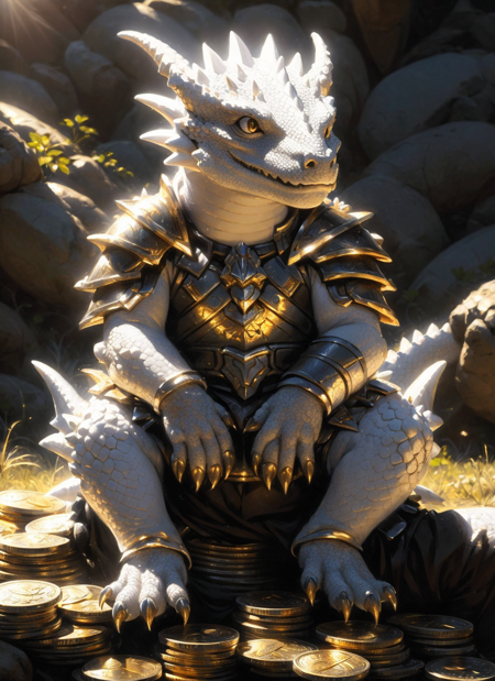 white dragonborn, solo, child, male, sitting, closed mouth, male focus, horns, armor, blurry, sunlight, shoulder armor, claws, coin, gold
, ((masterpiece, best quality)), art by greg rutkowski  <lora:dragonborn_offset:1>