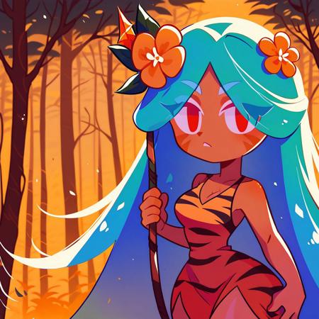 tigerlilycookie cookie run blue hair long hair flower in hair orange dress tiger print red eyes wide hips large thighs holding spear