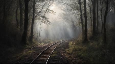 RAW, analog capture with Nikon Z 85mm lens, an acclaimed and alluring photograph recognized for its ((superlative quality)), hailed as a ((masterpiece)), an intricately detailed landscape, 
a train track in the middle of a forest, dark foggy forest background, 
captured with professional precision in 4k resolution. The scene unfolds amid the bloom of spring flowers, bathed in the warmth of god rays, creating a delicate and innocent ambiance. The photograph boasts high-resolution imaging, capturing every nuance of the subject's facial features with remarkable detail and sharp focus. The aesthetic appeal is heightened by the smooth rendering, offering an extremely detailed and realistic portrayal. Post-processing techniques further enhance the image, achieving maximum detail and conveying a sense of roughness reflective of real-life textures. The result is an ultra-realistic depiction, showcasing the artistry of photorealism in exquisite 8k UHD. The play of SEMI-SILHOUETTE light adds depth and dimension, reminiscent of impressionist painting techniques with brushstrokes and palette knife strokes. This expressive composition, inspired by the styles of Leonid Afremov, incorporates elements of (cell shading: 1.2) and a 2D visual aesthetic, akin to the richness found in oil paintings (oil painting: 1.2), all meticulously curated by the skilled hand of Carne Griffiths.