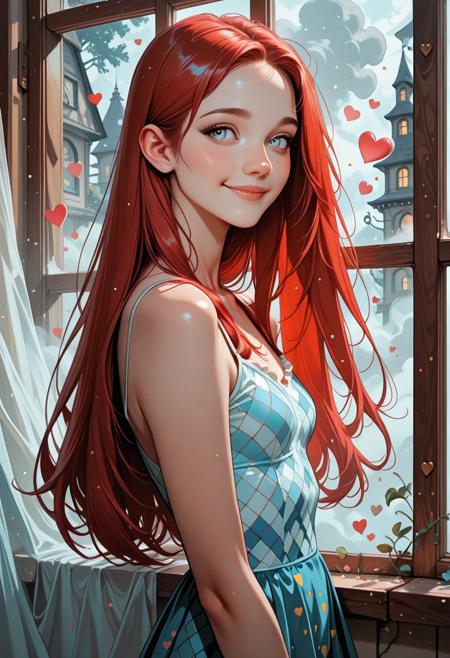 masterpiece, best quality, 32k, high resolution, absurdres, HD32k, 1girl solo, Joana free, Joana, long straight hair, light blue eyes, slim, red hair, small breasts, shy smile, peaceful,composed, depicted, pop_art, halftone_patterns, parted bangs, matt_skin, squares, splash_art, splattered_frame_border, dreamy_look, curious, joy, solo, serene expression, squares, fog, window, dreamlike, front_particles, fairytale_landscape hrtdrp, Hearts Drips,