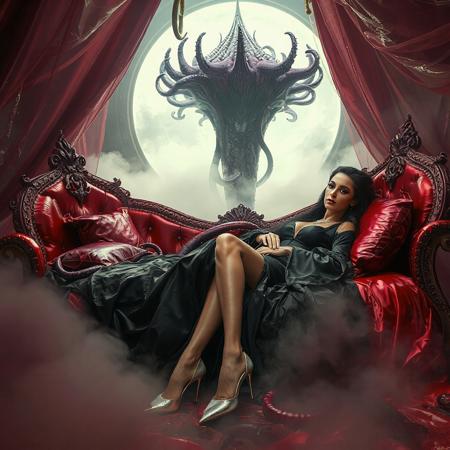 classy rich slender sultry alluring russian evil queen in black thin glossy satin   provocative slutty whorish  rich 1950s robe   and  glossy high heels, jewels, entangled in long tentacles, laying  reclined in weird red foil royal bed, covered with giant ultrathin transparent glossy slime veils, surrounded by foil pillows, under slimy tentacles canopy,  giant portal to outer space, fog from the floor, giant purple alien carnivorous flower with glossy spiked petals at background, weird alien hive slime walls and fleshy floor, horror, fashion look, hollywood, vogue makeup, long haired, ultrathin waisym reminiscent of H.R. Giger, Zdzisław Beksinski, and Ash Thorp's dark, sleek styles, with close-up glamour photography, glossy satin and silver heels glistening, fleshy slime dripping, and dark shadows.