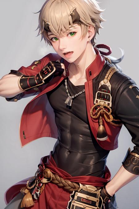 masterpiece, best quality,thoma (genshin impact), 1boy, male focus, dog tags, horned headwear, green eyes, horns, gloves, fake horns, blonde hair, solo,fingerless gloves, bangs, ponytail, headband, open mouth, hair between eyes, (grey background:1.4),(kbxll:0.6)