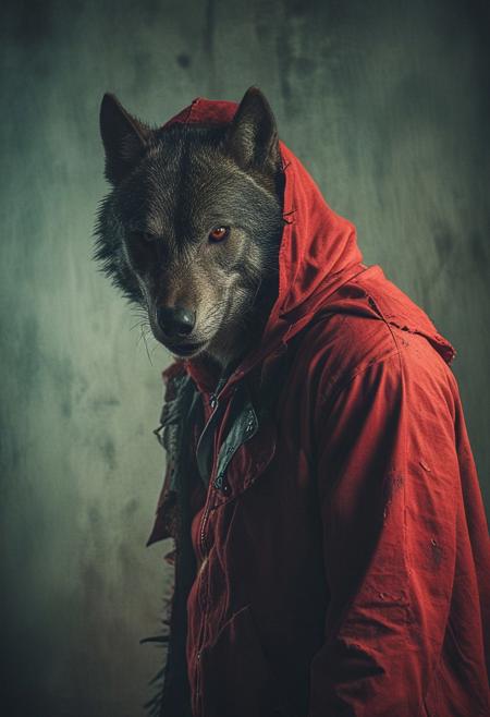 a mad wolf beast in red hood clothing, studio background, high-contrast palette, subtle grain, cinematic quality, modern art photograph