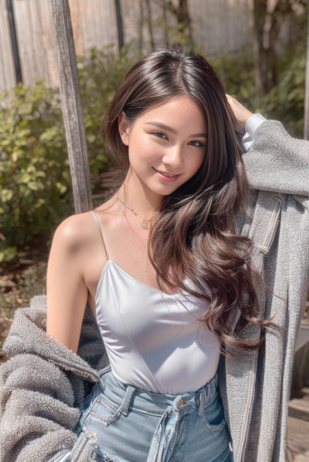 , (8k, RAW photo, best quality, masterpiece:1.2), (realistic, photo-realistic:1.37), ultra-detailed,(detailed beautiful girl:1.4), 
smile, face,slender body, ancient chinese style garden,
, medium breasts, , wavy hair,  detailed skin texture, detailed cloth texture, beautiful detailed face,
<lora:add_detail:1> <lora:JocelineS:1>