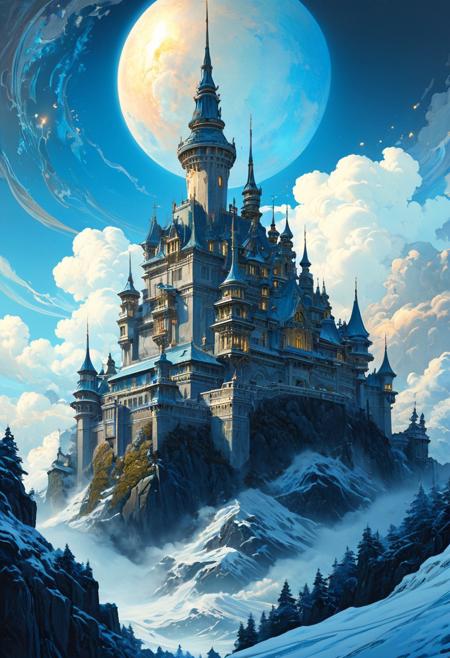 bright colorful, ultra fine detail, swirling clouds, Artstation trending, art nouveau, raytracing, highly detailed and intricate, golden ratio, dark gradient ink with intricate designs, hypermaximalist, luxury, elite, Japanese castle, majestic, defended, snow, ephemeral, opalescenct, labradorite, cinematic, cgsociety : sunbleached, high definiton. mountain, blue skies,