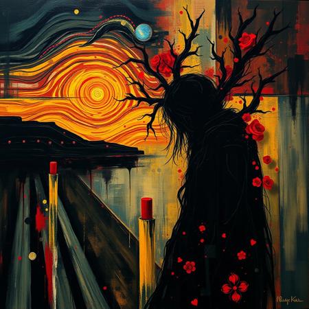 crime care,
[(expressive and haunting, art style fusion:1.25) ::0.35], (inspired by Edvard Munch and Amadeo de Souza-Cardoso), [emotionally charged and abstract themes: expressive brushwork: 0.70], [symbolic elements: haunting compositions: 0.60], fusion of styles, evocative ambiance, expressive symbolism