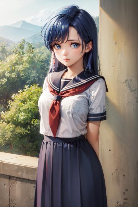 (masterpiece, best quality:1.2), <lyco:mugensenshivalis_asou-12:1.0>, cowboy shot, solo, 1girl, asou yuuko, expressionless, closed mouth, looking at viewer, arms behind back, blue hair, blue eyes, school uniform, serafuku, long skirt