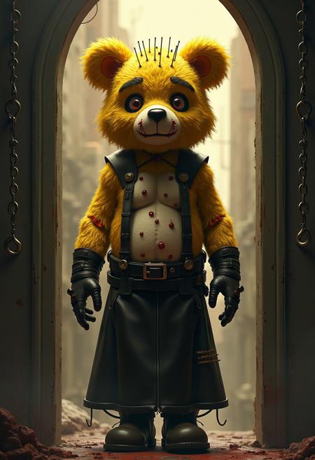 photo realistic, true to life, high quality, clear defined lines, horror theme, cenobear, (((carebear:1.9))), funshine bear, pinhead, hundreds of nails in head, vertical face scars, horizontal face scars, wearing leather long skirt, gear, chest straps, long gloves. thigh high boots. skinning knives hanging from belt, scarified skin, barbwire wrapped around arms, stitched together mouth, multiple body piercings, (((tummy symbol, lament configuration, the box:1.2))), yellow fur. Standing in a doorway in hell, chains with hooks on the end dangle from the ceiling. Saying: "You opened the box we came!" horror font word bubble