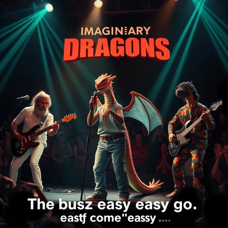 Ultra realistic. concert scenario, laser light, a dragon with short hair with jeans singing at the center, a dragon with long hair and beard whit white shirt and white pants at the left playing guitar, dragon with short hair black short beard black glasses colorful shirt and pants at the right playing guitar, dragon with short hair and beard shirt and pants playing drums behind, a big crowd watching them an cheering them, Title text: "Imaginary Dragons: The buzz easy come easy go"