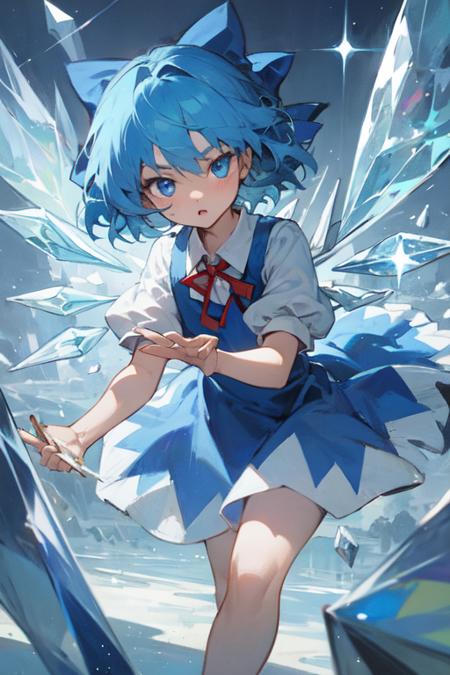 detailed background, masterpiece, best quality, cirno, crystal wings, blue hair, blue eyes, puffy short sleeves