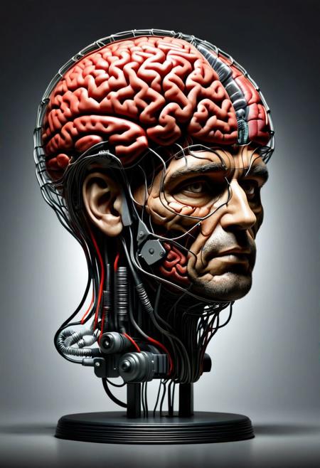 a light bulb with a brain inside of it, face made of metal and wires and light bulb parts, radiant bright light, peeling skin, desk,
(best quality, 4k, 8k, highres, masterpiece:1.2), ultra-detailed ,illustration,
Powerful light emitted,
dark clean photo studio like backdrop background,
Smart,
 masterpiece, epic visuals, detailed, ultra detailed, depth of field, dynamic angle, radiant bright light,
clean gradient background,
rsmls, surreal, abstract, dark, russ mills, ral-braynclz, Rembrandt Lighting Style,