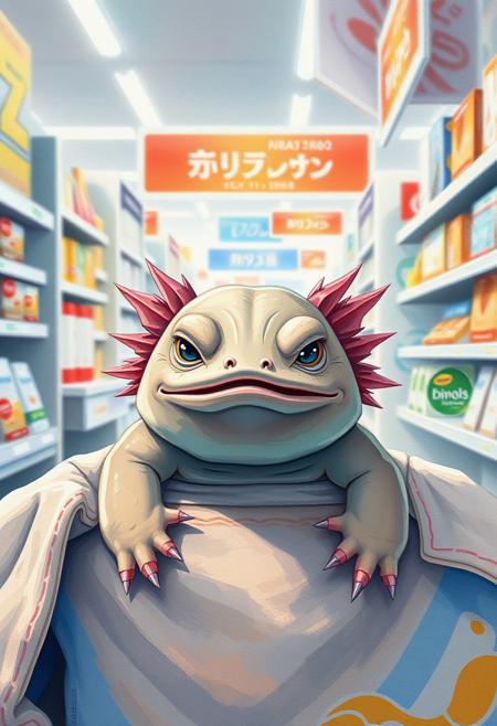 "(masterpiece, best quality, high quality, highres), very awa, highres, absurdres, 
(chii-kun \(seedyoulater\):0.7), (naguru \(cyoroama\):0.7)water color painting, rough canvas, rough surface, 
(axolotl:1.1), 
(no humans:1.1), (cute:1.2), comfy, solo, cozy, 
indoors, shoping, market, sunny day, consumer goods, supermarket, frown, 
oil painting, depth of field, cinematic, 
"