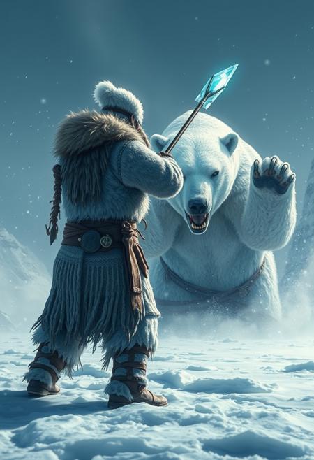 "Image of a snow spirit, a great hunter, poised to throw their massive spear, the tip of which is made of magic blue ice. The hunter's arm is cocked back, ready to unleash the spear at the giant ravenous snow bear standing across from them. The bear, its eyes fixed on the hunter, is ready to attack, its massive paws raised and claws extended. The two enemies face each other in an epic standoff, their eyes locked in a fierce stare. The moment is frozen in time, with the hunter's spear about to fly and the bear's attack imminent. Style: dramatic, intense, and action-packed, with a focus on capturing the tension and power of the moment." Absurdres Highest-Quality, 4k