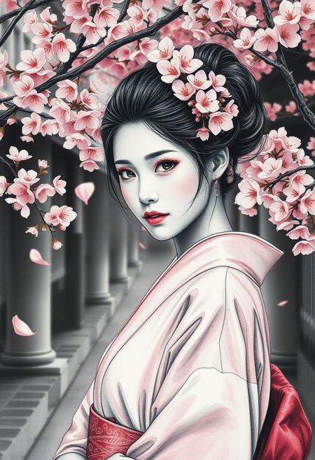 woman in kimono, cherry blossoms, traditional Japanese clothing, pink and rose hues, floral hair ornaments, elegant updo, sakura petals falling, serene expression, soft lighting, spring atmosphere, traditional street, romantic scene, cultural beauty, feminine grace, pencil shading,charcoal drawing,tinted paper,pencil drawing,brutal dark b/w color scheme,A striking ultra HD charcoal drawing,overall composition is a perfect balance of intricate and insanely detailed elements