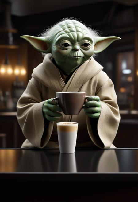 1 yoda sitting in a futuristic bar with coffee in one hand, perfect hand, upper body shot