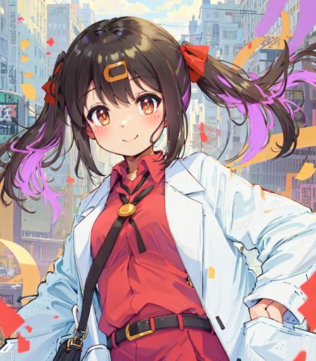 1girl, cowboy shot, straight-on, looking at viewer, light smile,  blush stickers, (short twintails:1.2), black hair, hair ribbon, red ribbon, ((hairclip)), closed mouth, ((white long coat)), collared shirt, red shirt, labcoat, long sleeves, hands in pocket, belt, belt buckle,  black miniskirt, solo, bare tree, building, city, cityscape, day, outdoors,  street, tokyo \(city\), tree