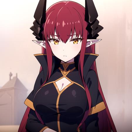 1girl, solo, red hair, yellow eyes, long hair, large breasts, purple skin, horns, pointy ears, shirt, <lora:DesastreSereno:0.6>, expressionless, cowboy shot