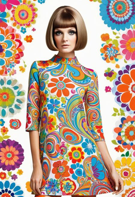 She mod mini dress, psychedelic swirls, Twiggy-inspired haircut and a bold, vibrant hues, bold patterns, flower power fashion, swinging sixties, kaleidoscopic dreams,highly intricate, 60s,  hyper detailed, photorealistic, white background