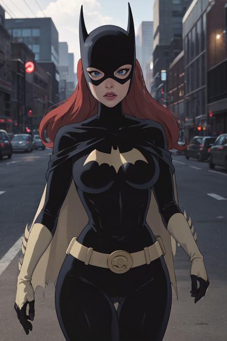 masterpiece, best quality, 1girl, solo, highres, <lora:CARTOON_DC_batgirl_ownwaifu:0.55>, scenery,
CARTOON_batgirl_ownwaifu,www.ownwaifu.com,mask,long hair,blue eyes,bodysuit,breasts,cape,domino mask,belt,medium breasts,superhero,gloves,lips,black bodysuit,helmet,belt buckle,horns,bat_print,pouch,
curvy, toned, large breasts, narrow waist,