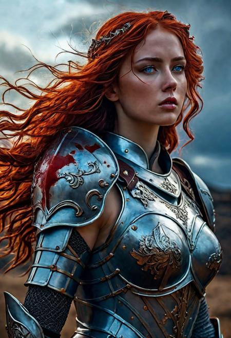 High resolution ultra-realistic of Beautiful Warrior girl, Fantasy style, 8k, capturing the intensity of the moment, dramatic lighting, standing on a bloody and stormy battlefield in a fighting pose, fire, intricately designed shining iron armor, red mini skirt, perfect athletic figure, beautiful Warrior girl, fire, dirty face, ultra realistic, cinematic style, athletic figure, Firm sinewy female body, dark fantasy, covered in dirty and blood, cinematic colors Lighting, extremely detailed, 8K, wavy red hair, realistic dirty bloody pale face, realistic blue eyes, beautiful Warrior girl on in cool iron armor, hyper-detailed, hyper-realistic, bright colours, Attractive 21 old years girl, Attractive, beautiful firm Breasts, sharp focus, digital painting, Photograph Taken on Nikon D750, Alphonse Mucha, 8K, athletic figure, Hyperdetailed, hyperrealism, Attractive, Attractive bust girl, asymmetric balance