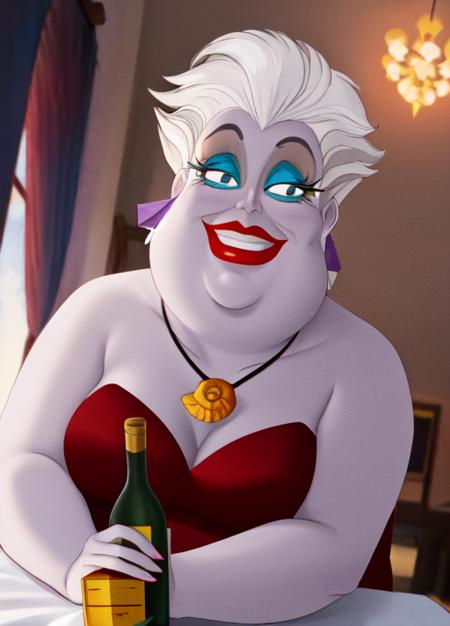 masterpiece, best quality, extremely delicate and beautiful, highres, original,  <lora:Ursula:0.8>, ursulalm, white hair, short hair, purple skin, red lips, fat, bbw, green eyelids, shell necklace, shell earrings, looking at viewer, blue eyes, indoors, red dress, upper body, wine, chandelure, solo, mansion